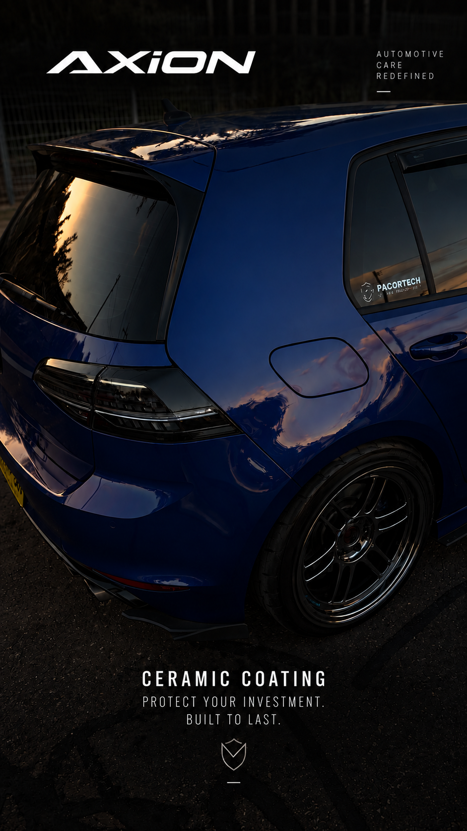 Blue AXION-treated performance vehicle with a ceramic-coated finish